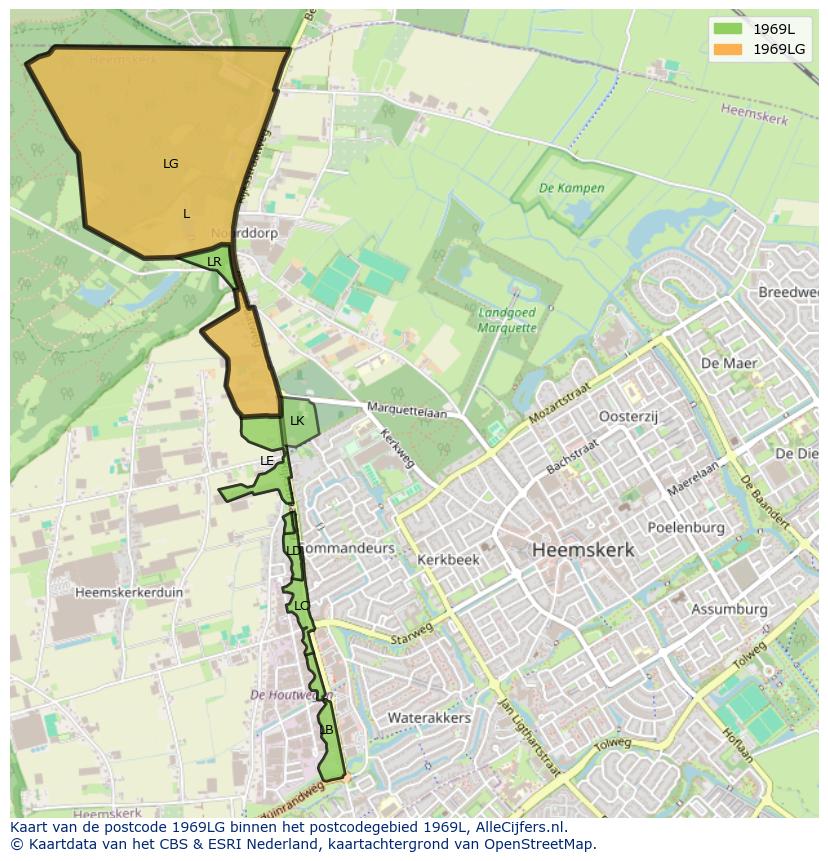 Afbeelding van het postcodegebied 1969 LG op de kaart.