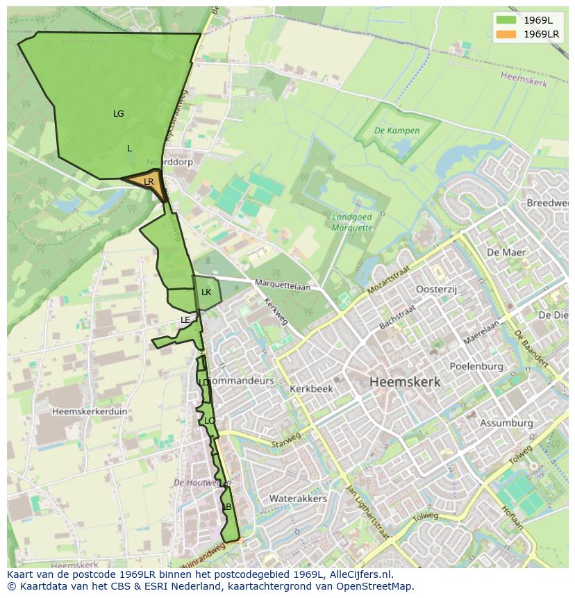 Afbeelding van het postcodegebied 1969 LR op de kaart.