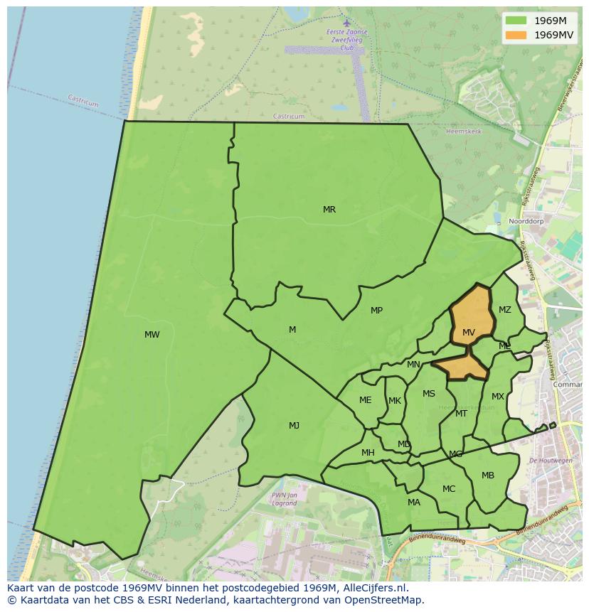 Afbeelding van het postcodegebied 1969 MV op de kaart.