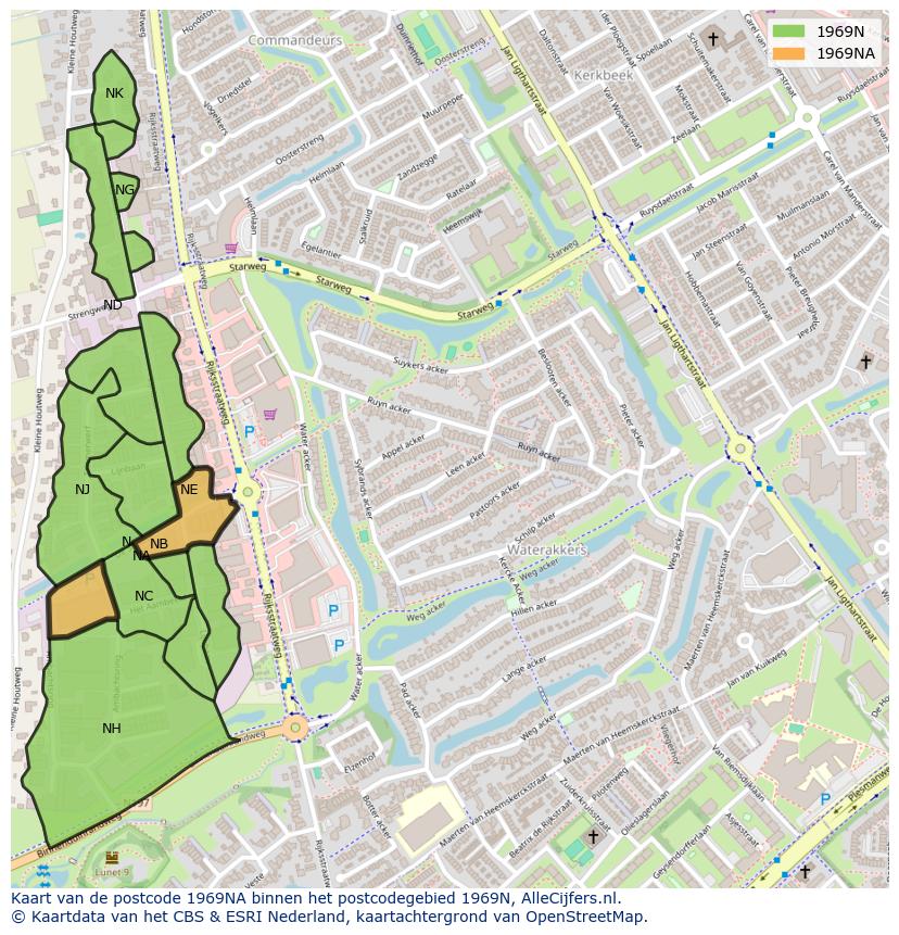 Afbeelding van het postcodegebied 1969 NA op de kaart.