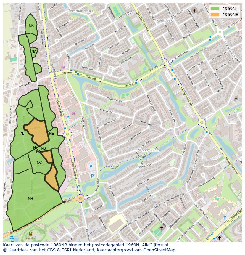 Afbeelding van het postcodegebied 1969 NB op de kaart.