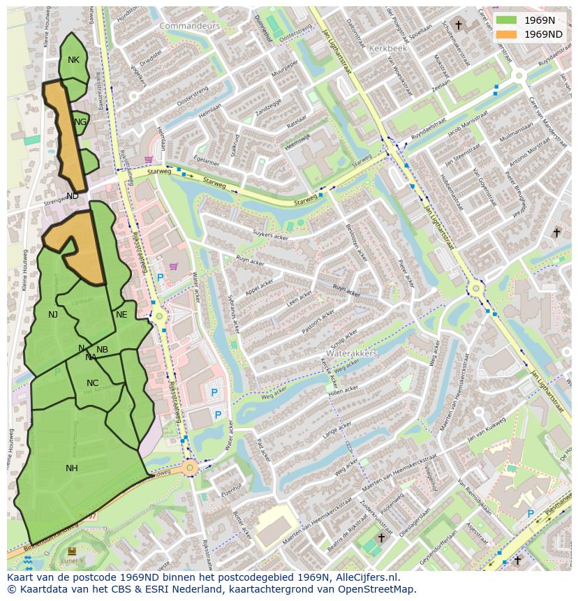 Afbeelding van het postcodegebied 1969 ND op de kaart.