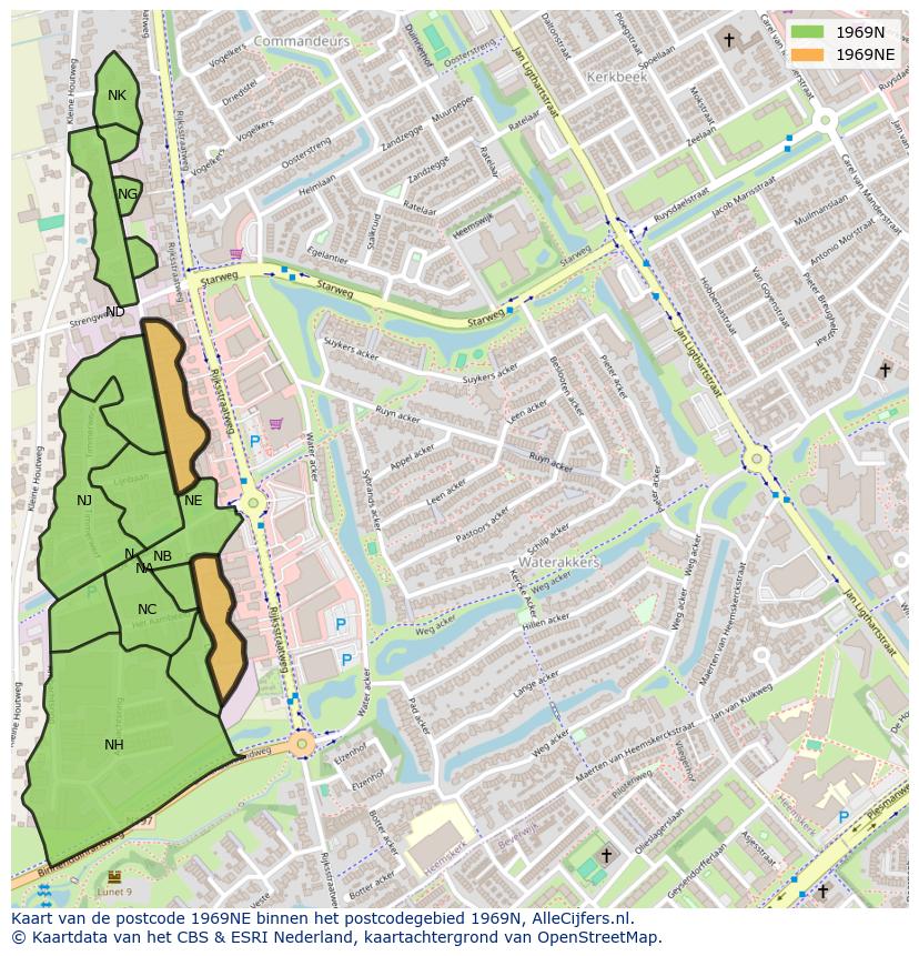 Afbeelding van het postcodegebied 1969 NE op de kaart.