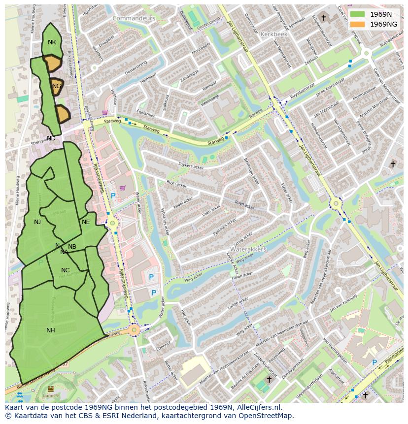 Afbeelding van het postcodegebied 1969 NG op de kaart.