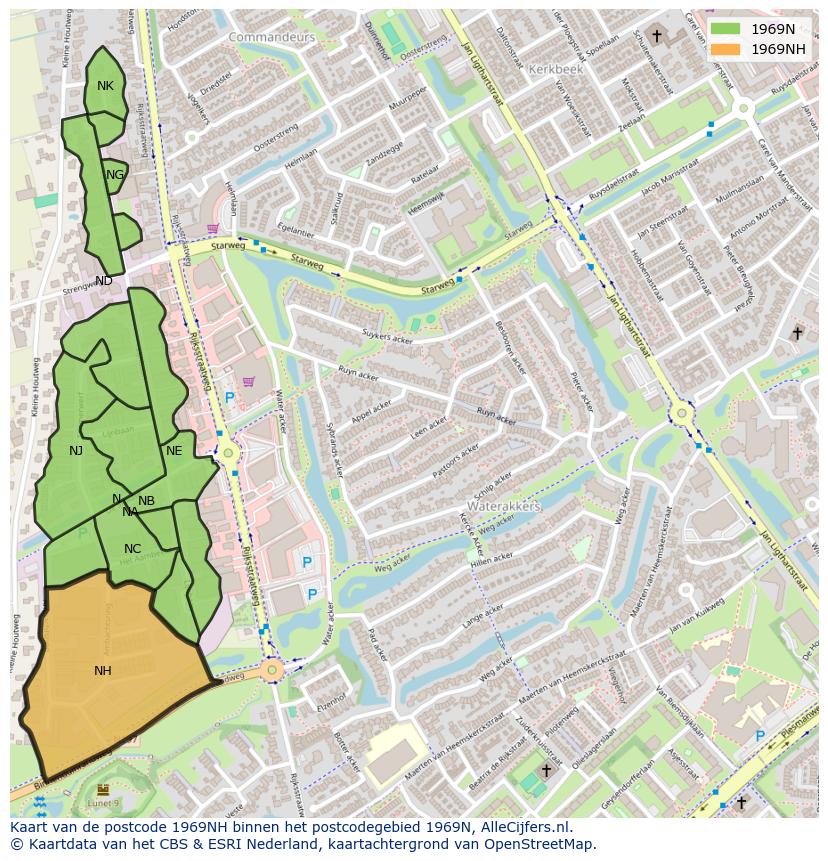 Afbeelding van het postcodegebied 1969 NH op de kaart.