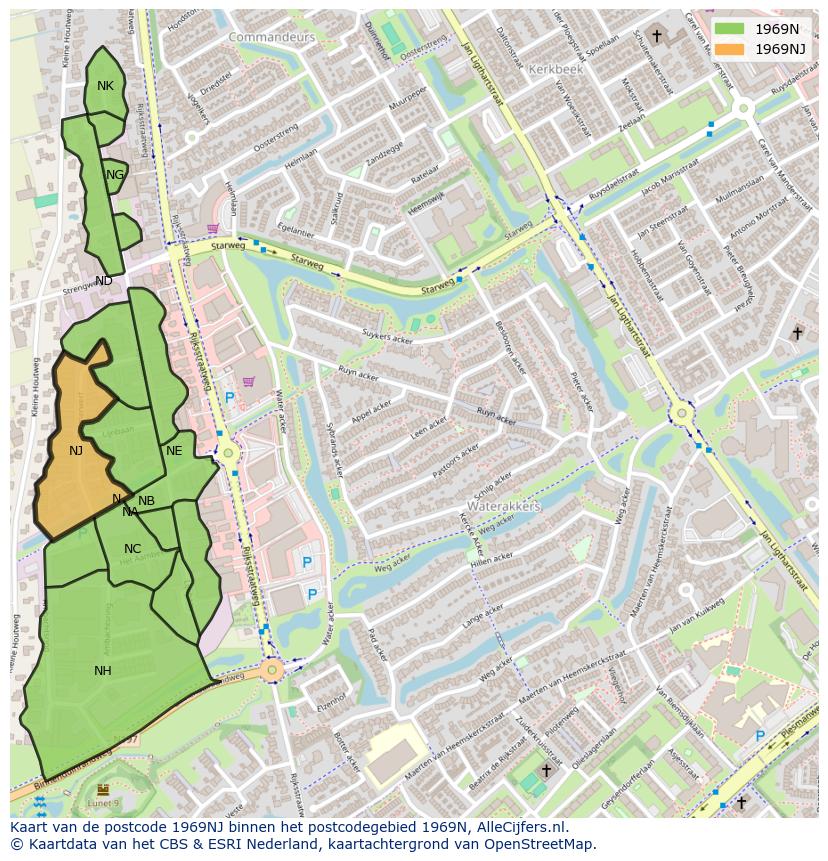 Afbeelding van het postcodegebied 1969 NJ op de kaart.