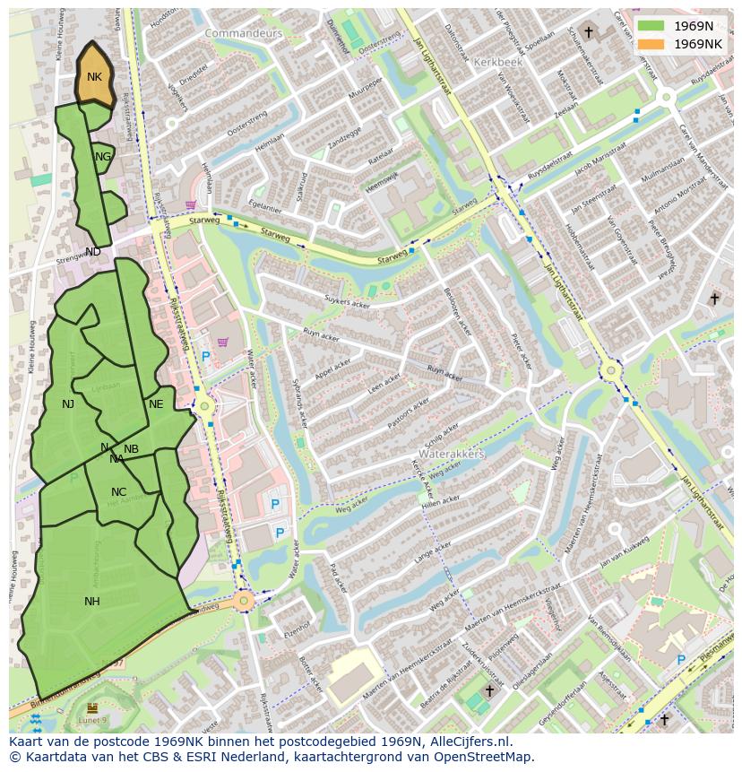 Afbeelding van het postcodegebied 1969 NK op de kaart.
