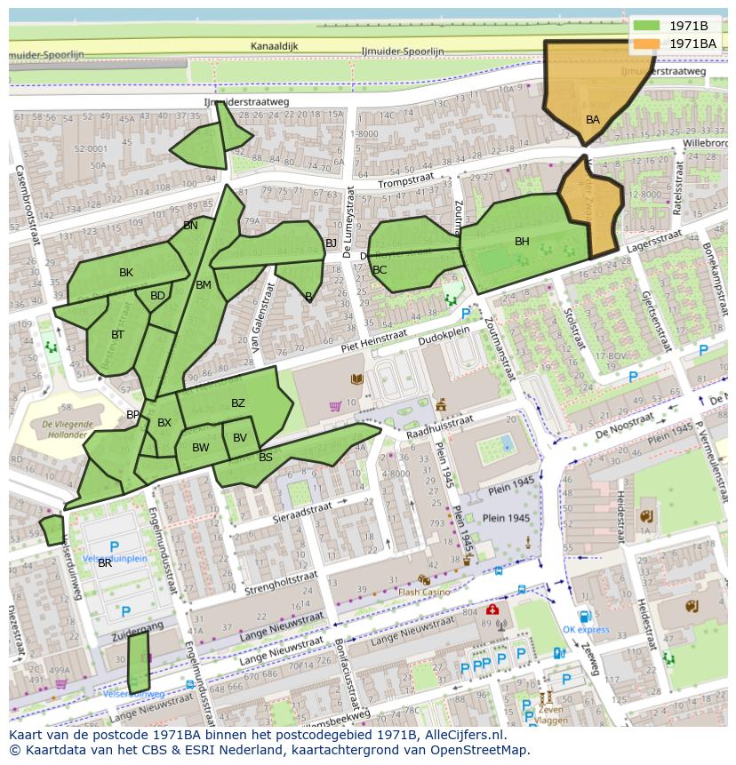Afbeelding van het postcodegebied 1971 BA op de kaart.