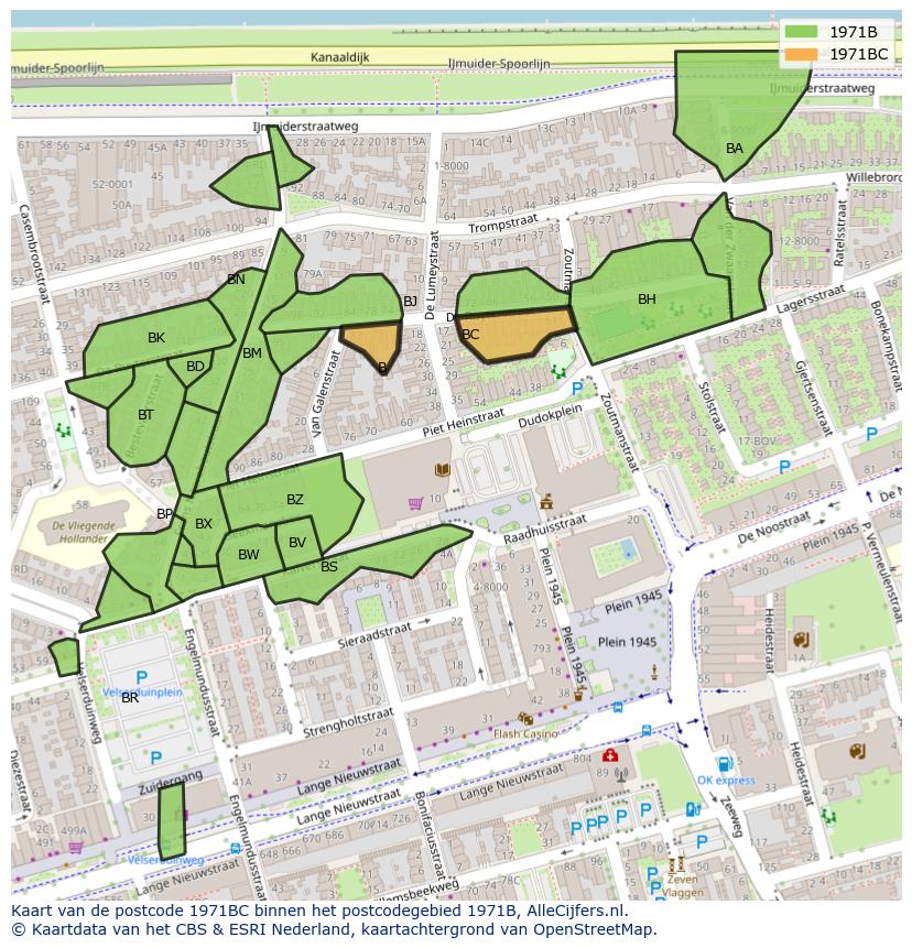 Afbeelding van het postcodegebied 1971 BC op de kaart.
