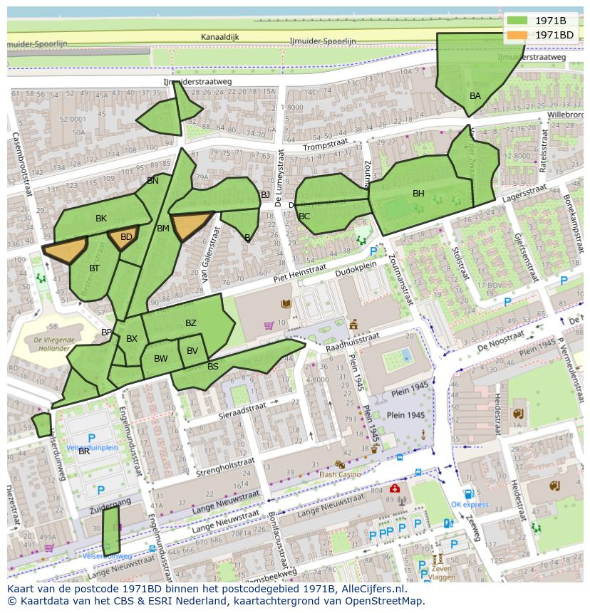 Afbeelding van het postcodegebied 1971 BD op de kaart.