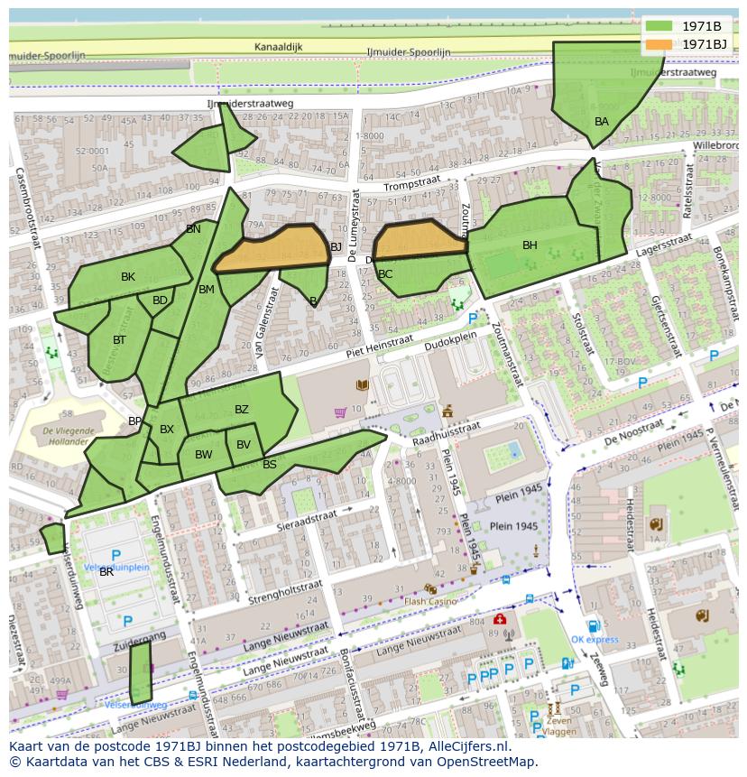 Afbeelding van het postcodegebied 1971 BJ op de kaart.