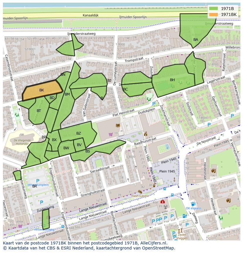 Afbeelding van het postcodegebied 1971 BK op de kaart.