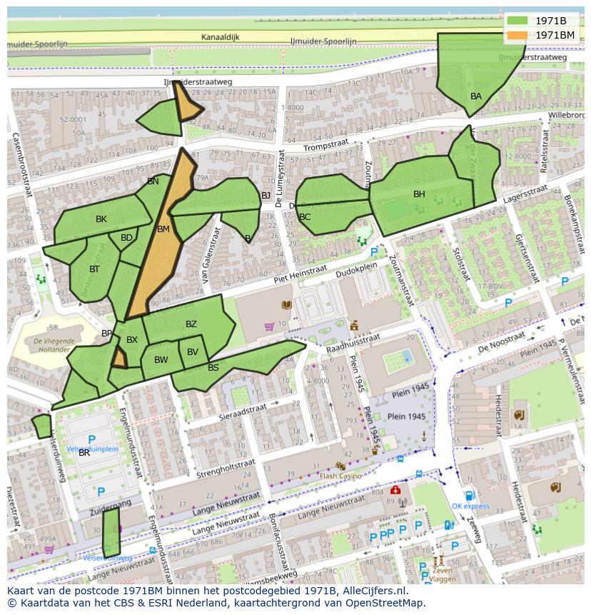 Afbeelding van het postcodegebied 1971 BM op de kaart.