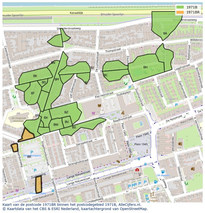 Afbeelding van het postcodegebied 1971 BR op de kaart.