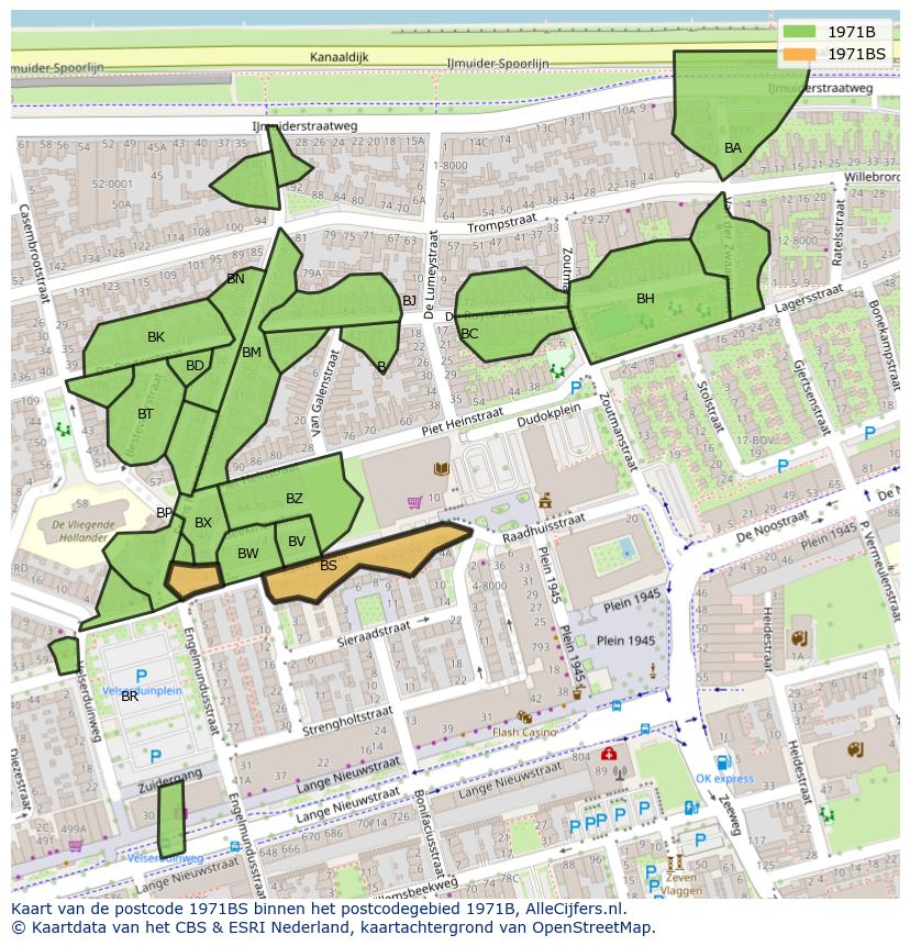 Afbeelding van het postcodegebied 1971 BS op de kaart.