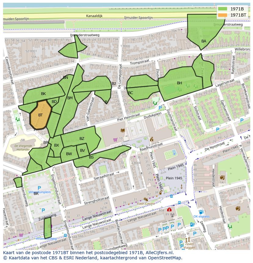Afbeelding van het postcodegebied 1971 BT op de kaart.