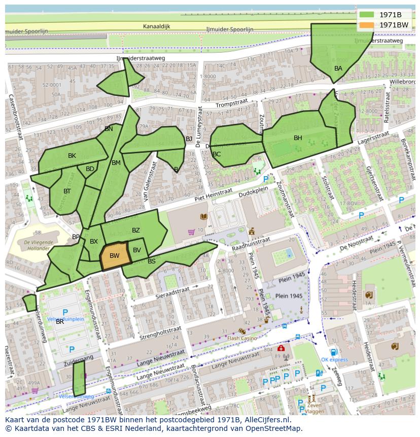 Afbeelding van het postcodegebied 1971 BW op de kaart.