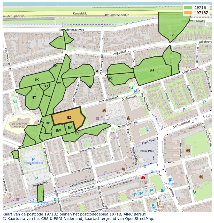Afbeelding van het postcodegebied 1971 BZ op de kaart.