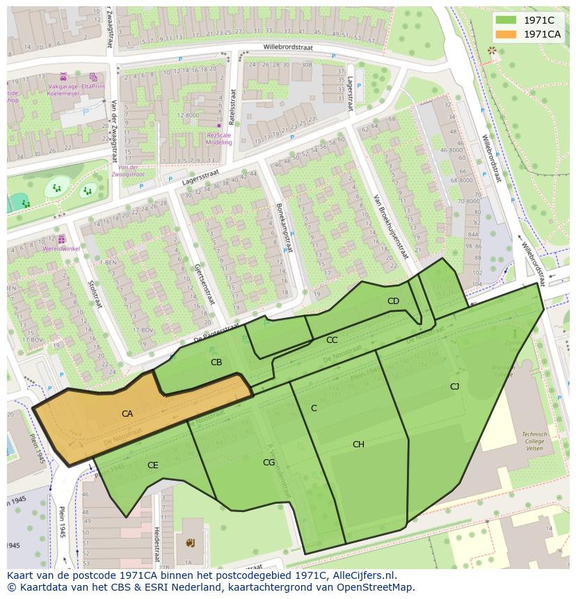 Afbeelding van het postcodegebied 1971 CA op de kaart.