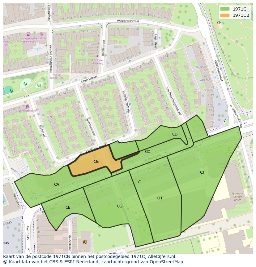 Afbeelding van het postcodegebied 1971 CB op de kaart.