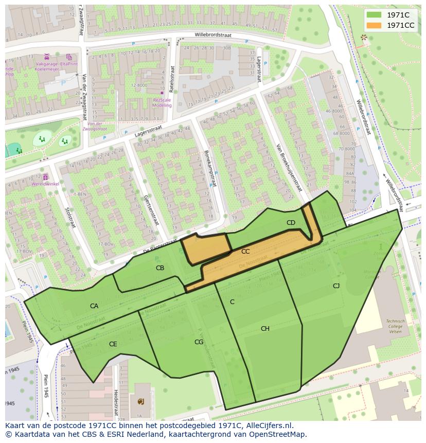 Afbeelding van het postcodegebied 1971 CC op de kaart.
