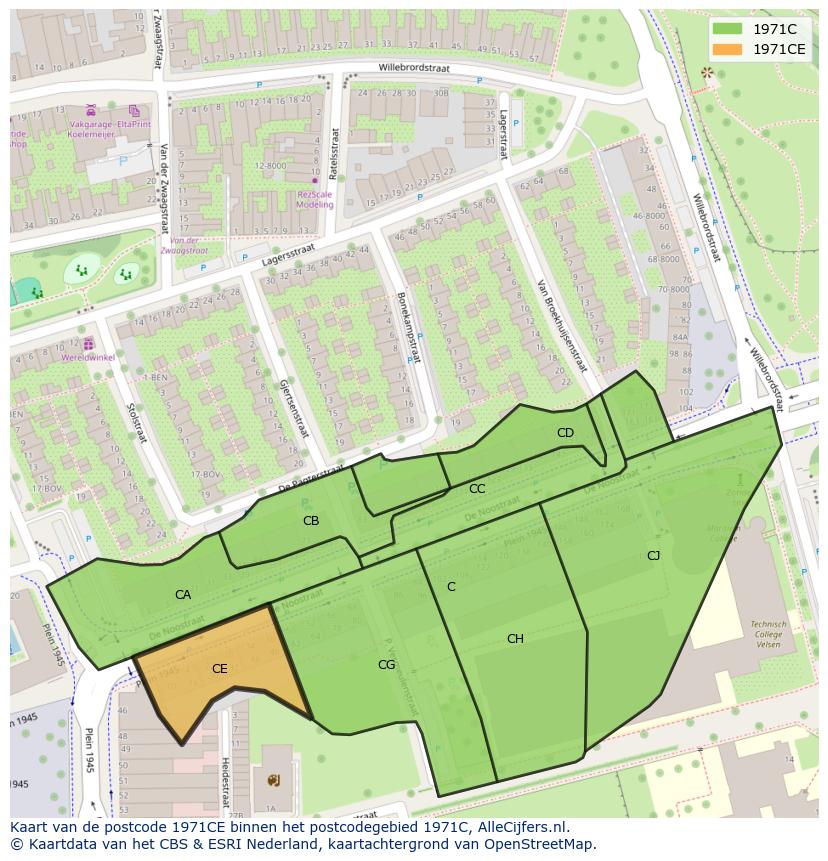 Afbeelding van het postcodegebied 1971 CE op de kaart.