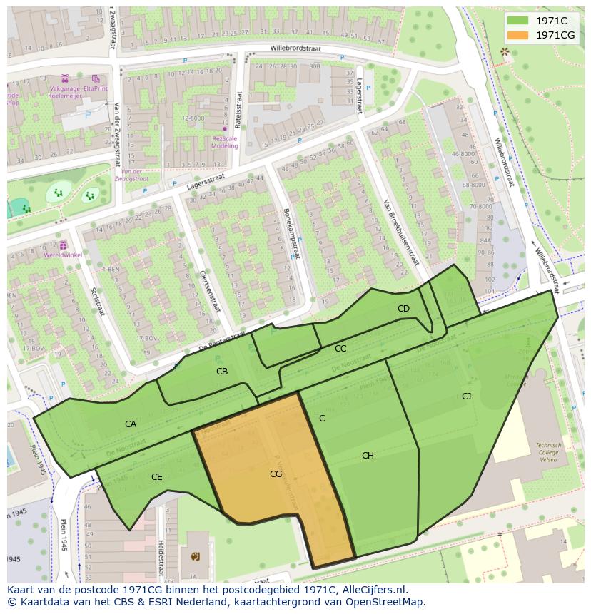Afbeelding van het postcodegebied 1971 CG op de kaart.