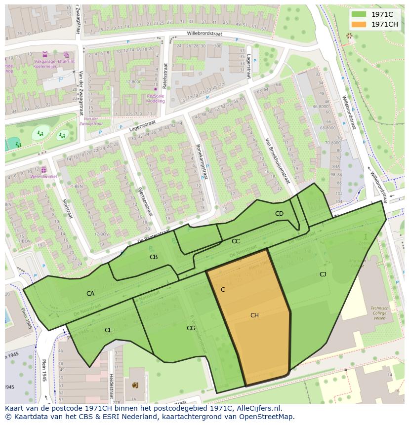 Afbeelding van het postcodegebied 1971 CH op de kaart.