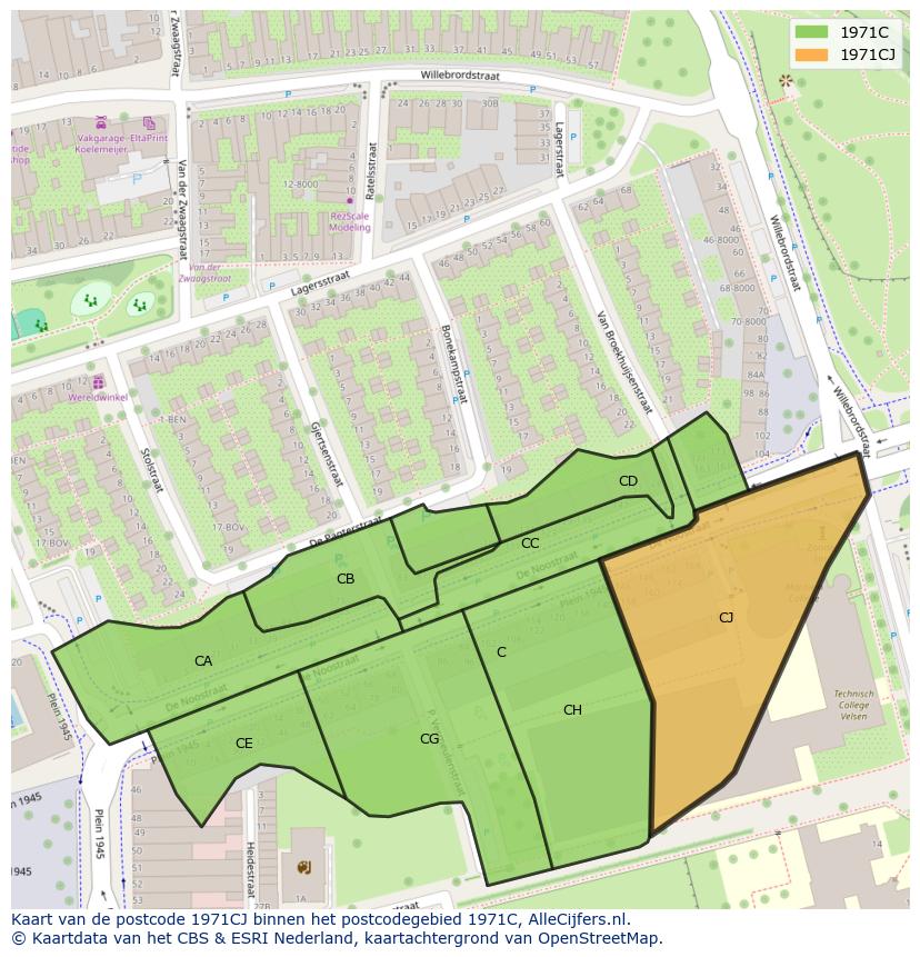 Afbeelding van het postcodegebied 1971 CJ op de kaart.