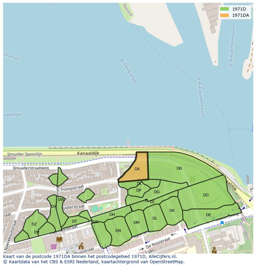 Afbeelding van het postcodegebied 1971 DA op de kaart.