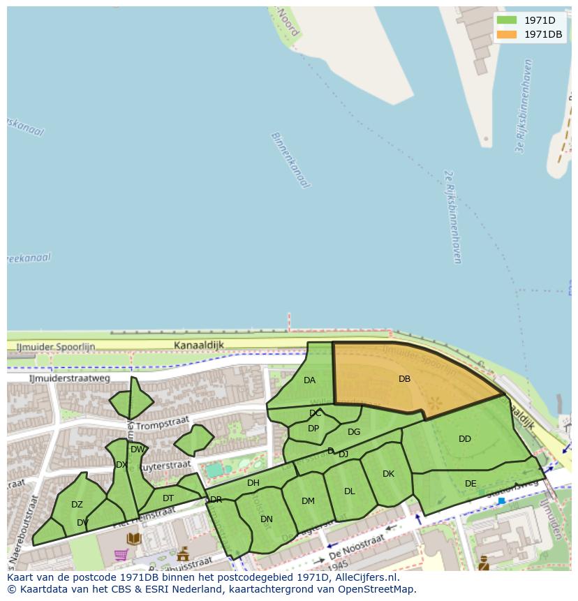 Afbeelding van het postcodegebied 1971 DB op de kaart.