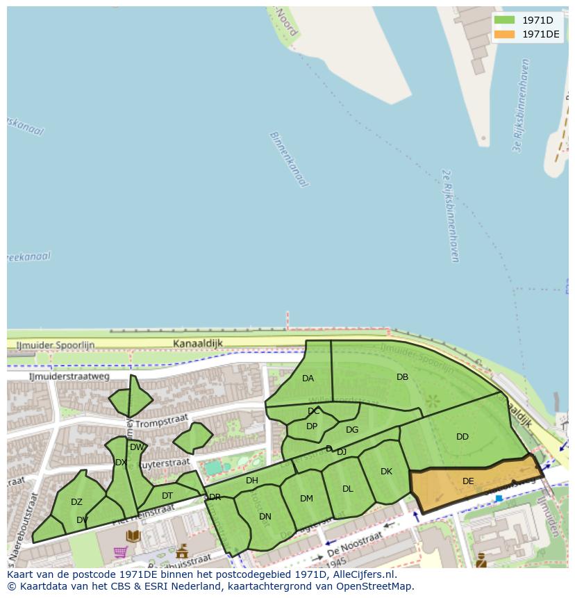 Afbeelding van het postcodegebied 1971 DE op de kaart.
