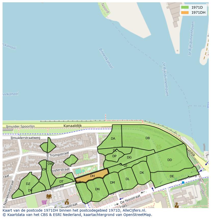 Afbeelding van het postcodegebied 1971 DH op de kaart.