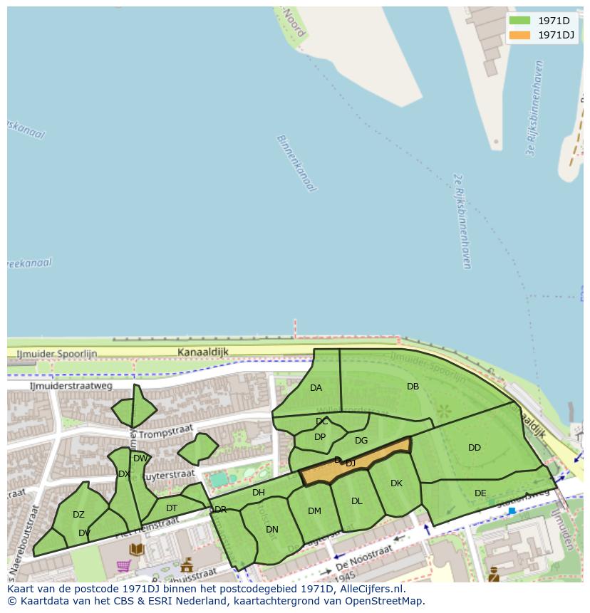 Afbeelding van het postcodegebied 1971 DJ op de kaart.