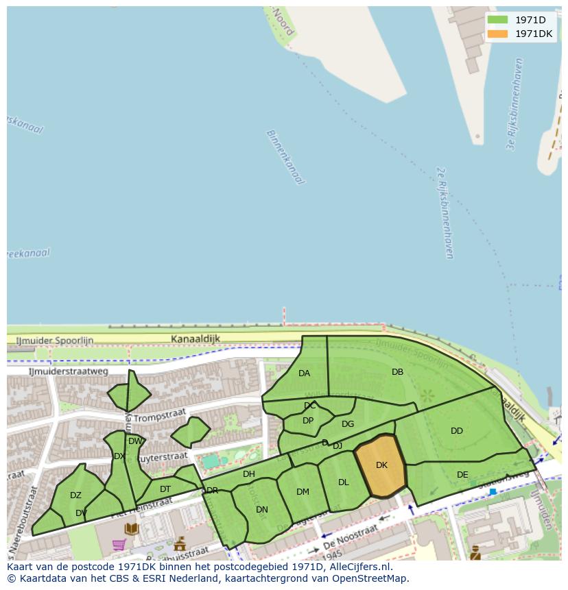 Afbeelding van het postcodegebied 1971 DK op de kaart.