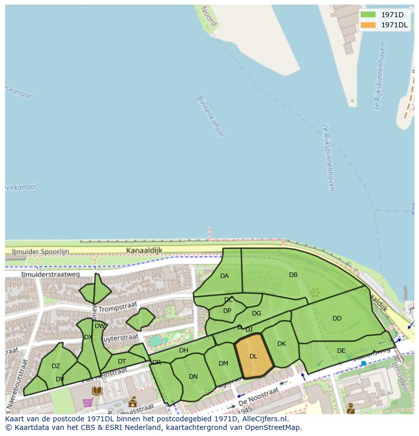 Afbeelding van het postcodegebied 1971 DL op de kaart.