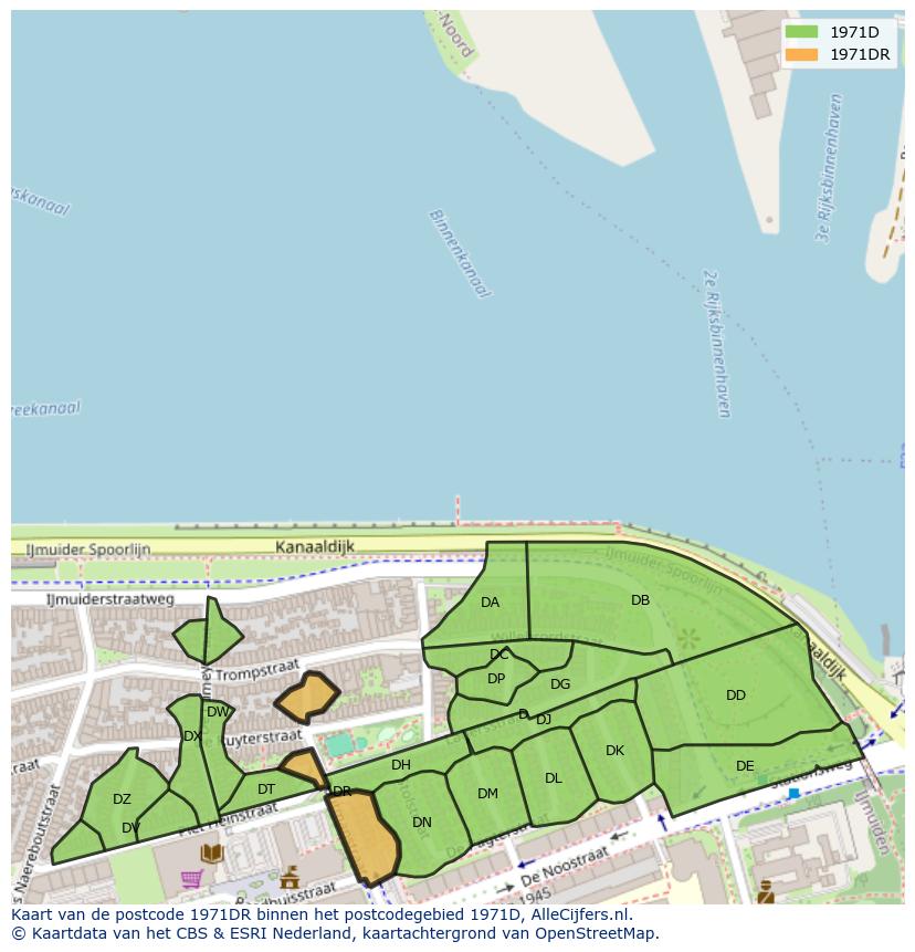 Afbeelding van het postcodegebied 1971 DR op de kaart.