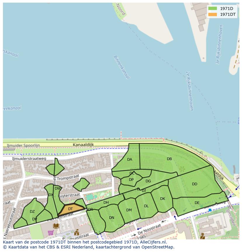 Afbeelding van het postcodegebied 1971 DT op de kaart.