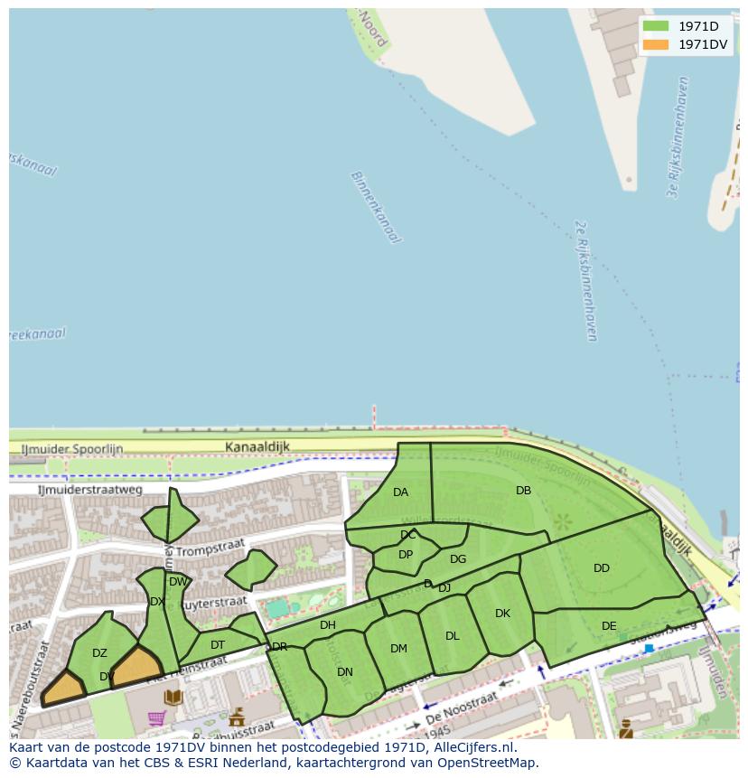 Afbeelding van het postcodegebied 1971 DV op de kaart.