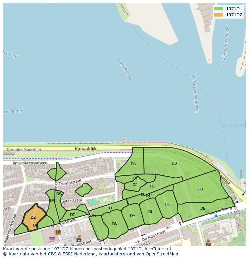 Afbeelding van het postcodegebied 1971 DZ op de kaart.