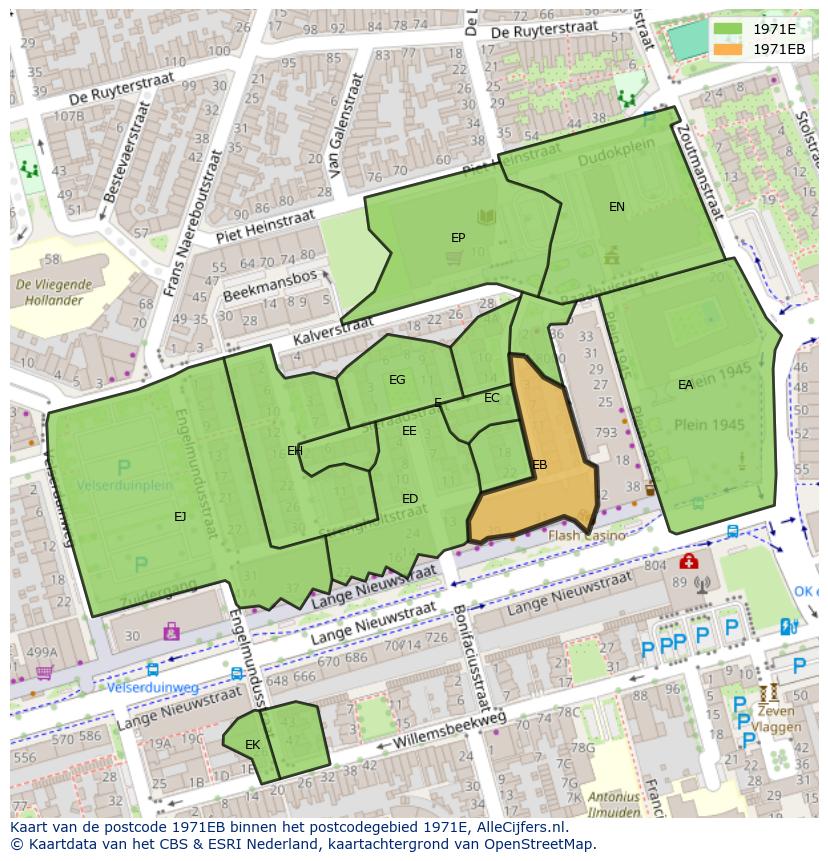 Afbeelding van het postcodegebied 1971 EB op de kaart.