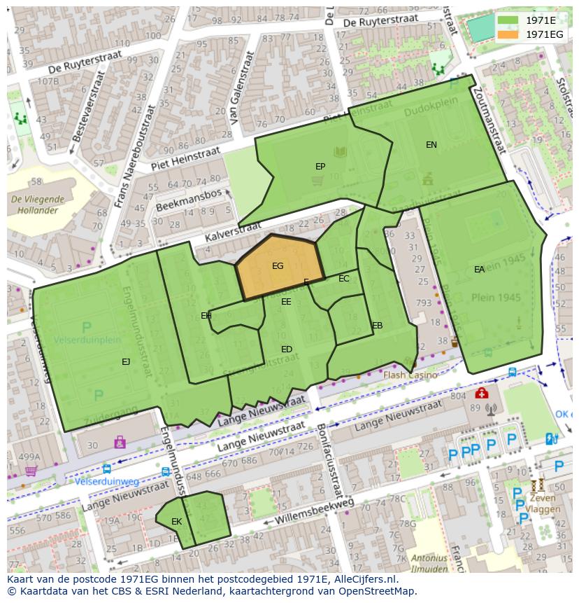 Afbeelding van het postcodegebied 1971 EG op de kaart.