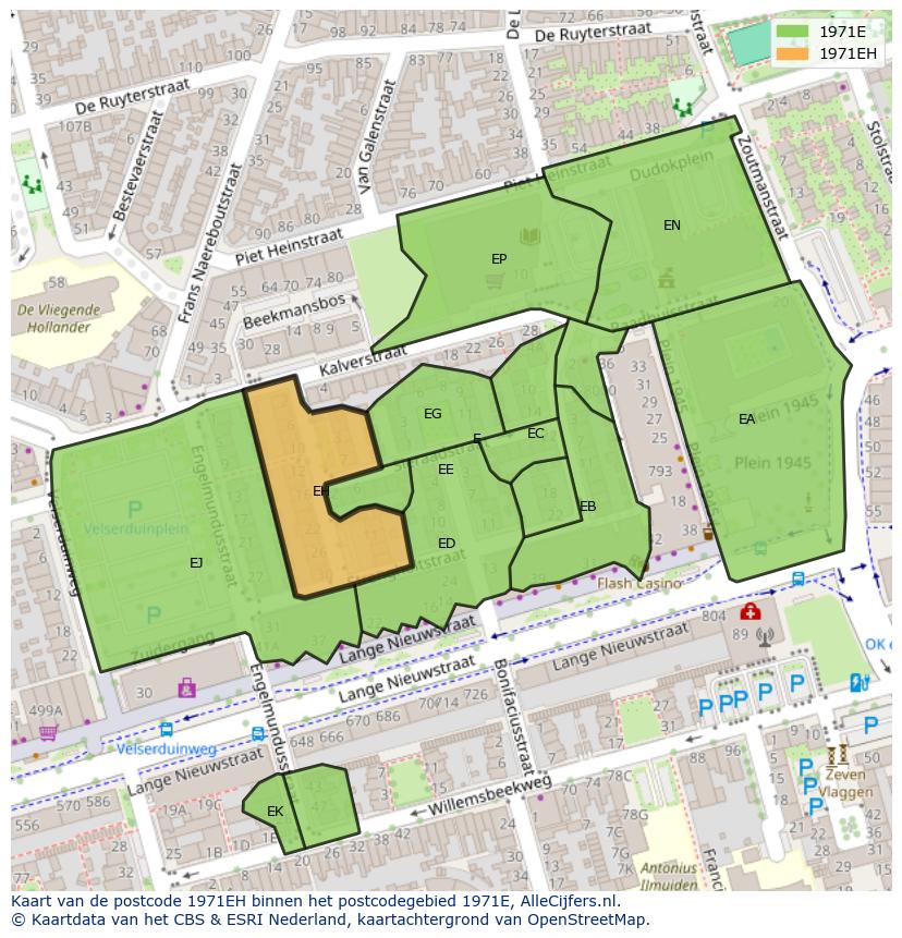 Afbeelding van het postcodegebied 1971 EH op de kaart.