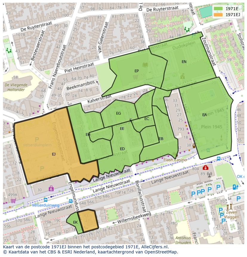 Afbeelding van het postcodegebied 1971 EJ op de kaart.