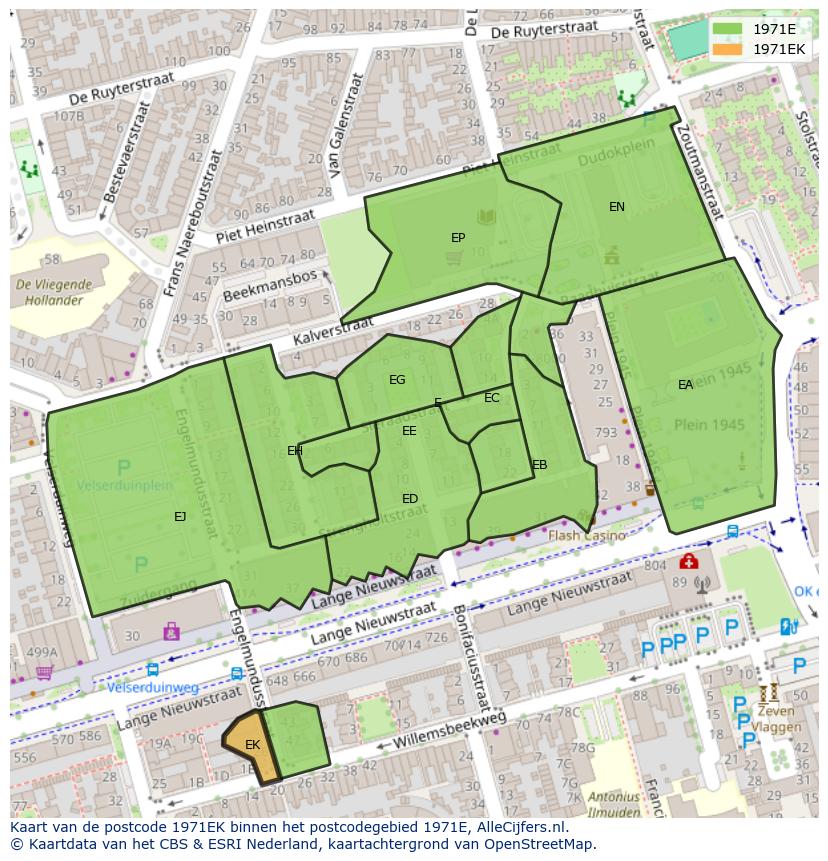 Afbeelding van het postcodegebied 1971 EK op de kaart.