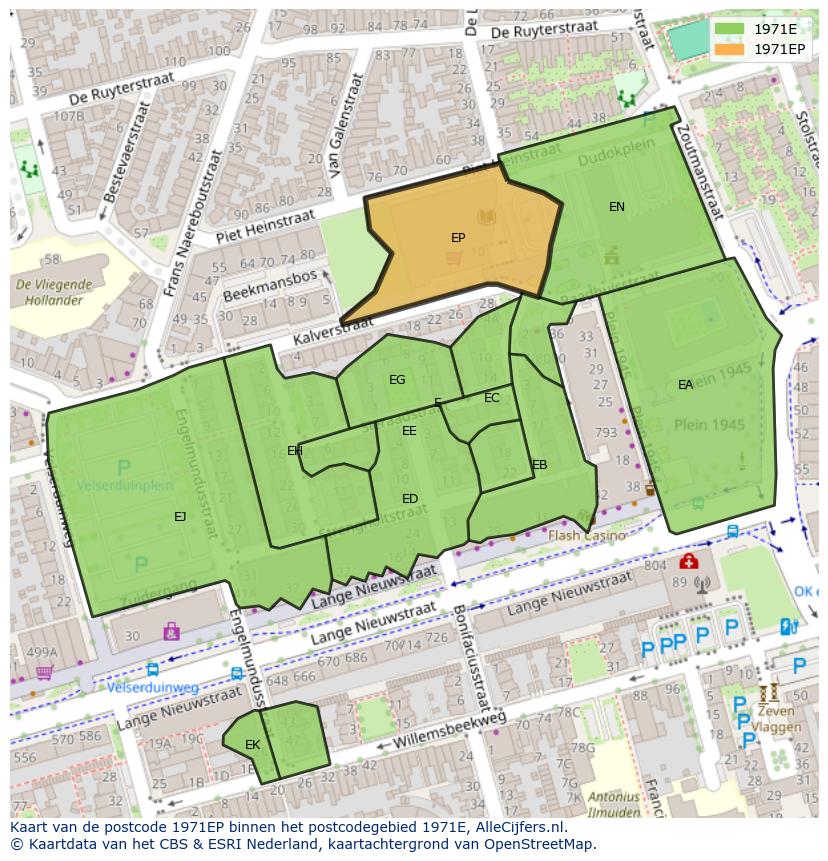 Afbeelding van het postcodegebied 1971 EP op de kaart.