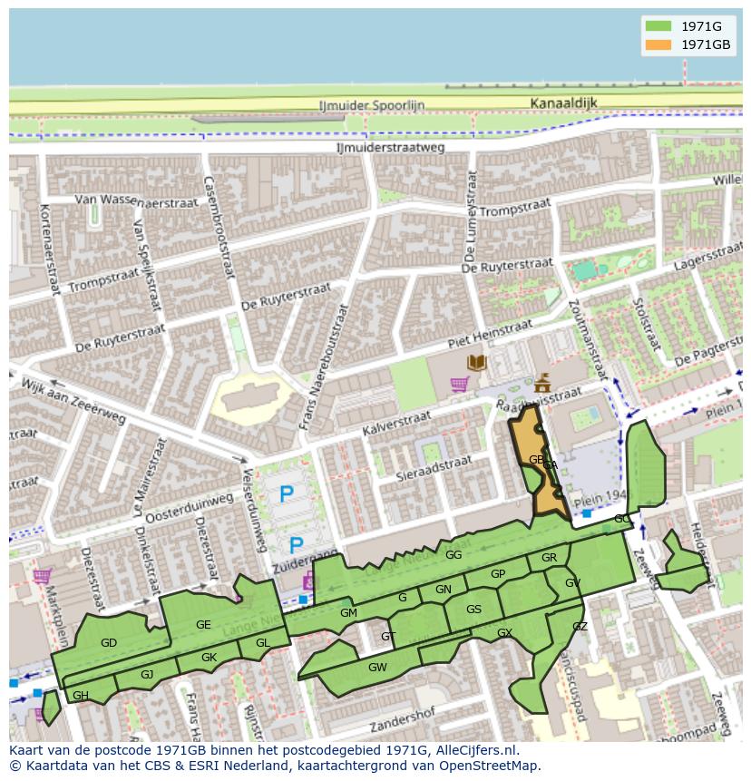 Afbeelding van het postcodegebied 1971 GB op de kaart.