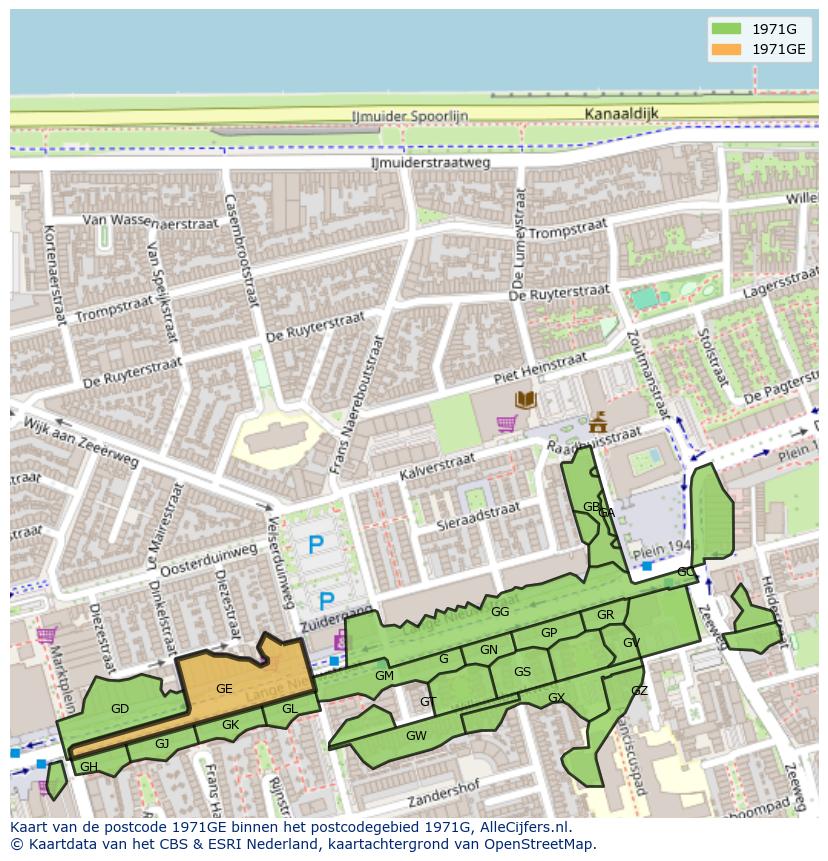 Afbeelding van het postcodegebied 1971 GE op de kaart.
