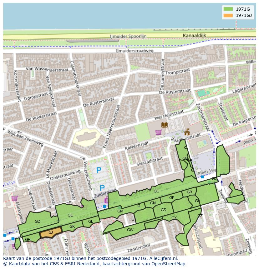 Afbeelding van het postcodegebied 1971 GJ op de kaart.
