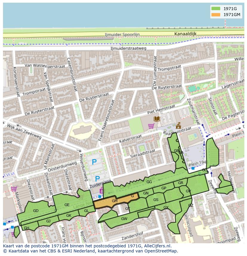 Afbeelding van het postcodegebied 1971 GM op de kaart.